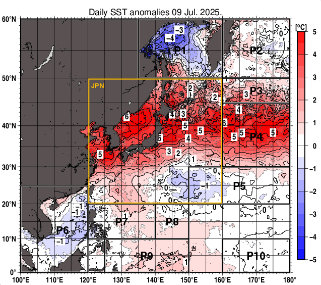 北西太平洋の海面水温平年差分布図（7月9日）