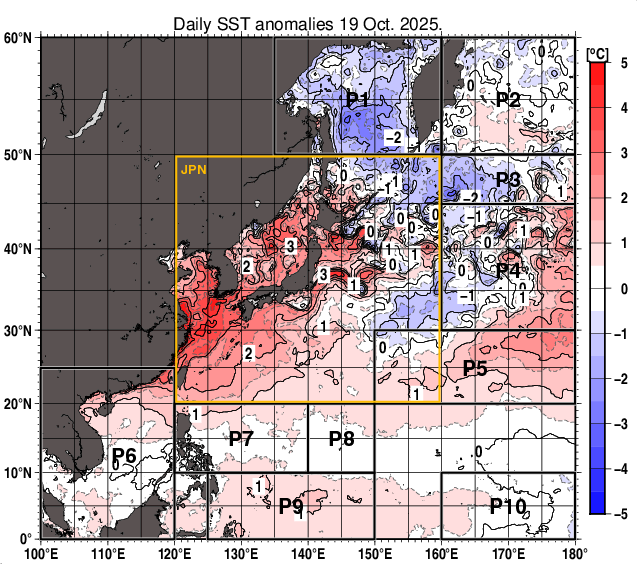 北西太平洋の海面水温平年差分布図(10月19日)