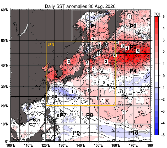 北西太平洋の海面水温平年差分布図（8月30日）