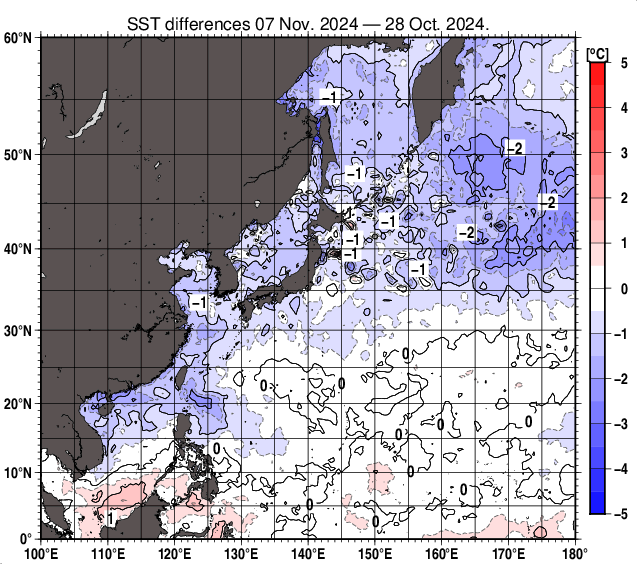 北西太平洋の10日間の海面水温変化量分布図（11月7日）