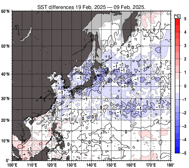 北西太平洋の10日間の海面水温変化量分布図（2月19日）