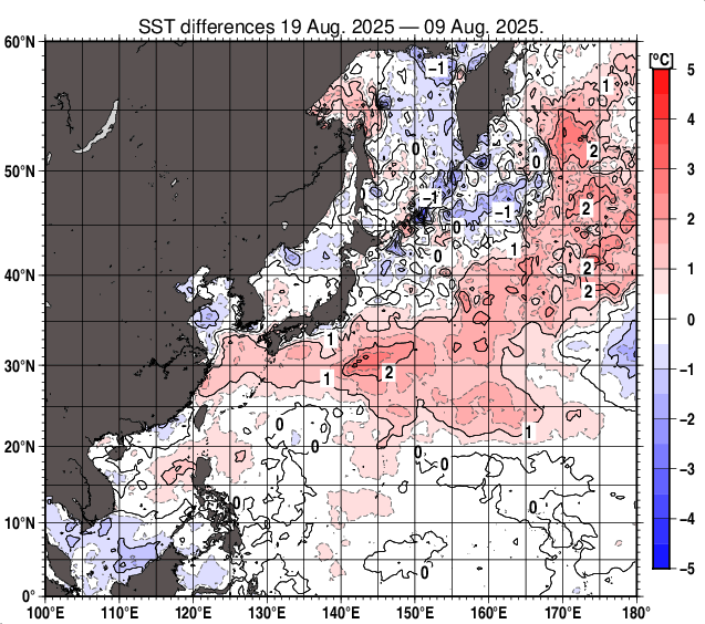 北西太平洋の10日間の海面水温変化量分布図（8月19日）
