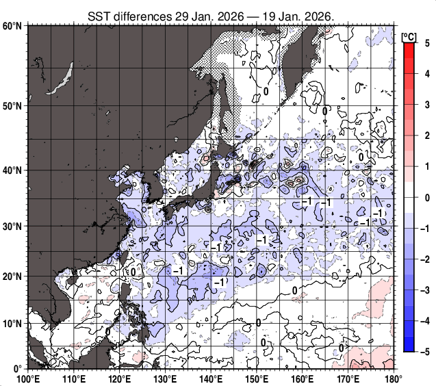 北西太平洋の10日間の海面水温変化量分布図（1月29日）