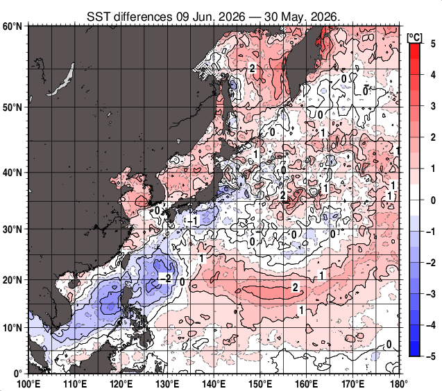 北西太平洋の10日間の海面水温変化量分布図（6月9日）
