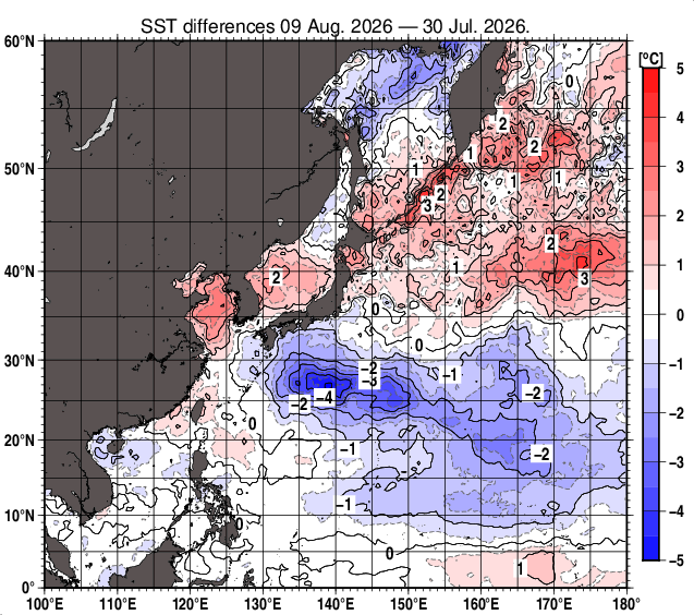 北西太平洋の10日間の海面水温変化量分布図（8月9日）