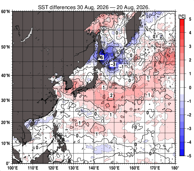 北西太平洋の10日間の海面水温変化量分布図（8月30日）