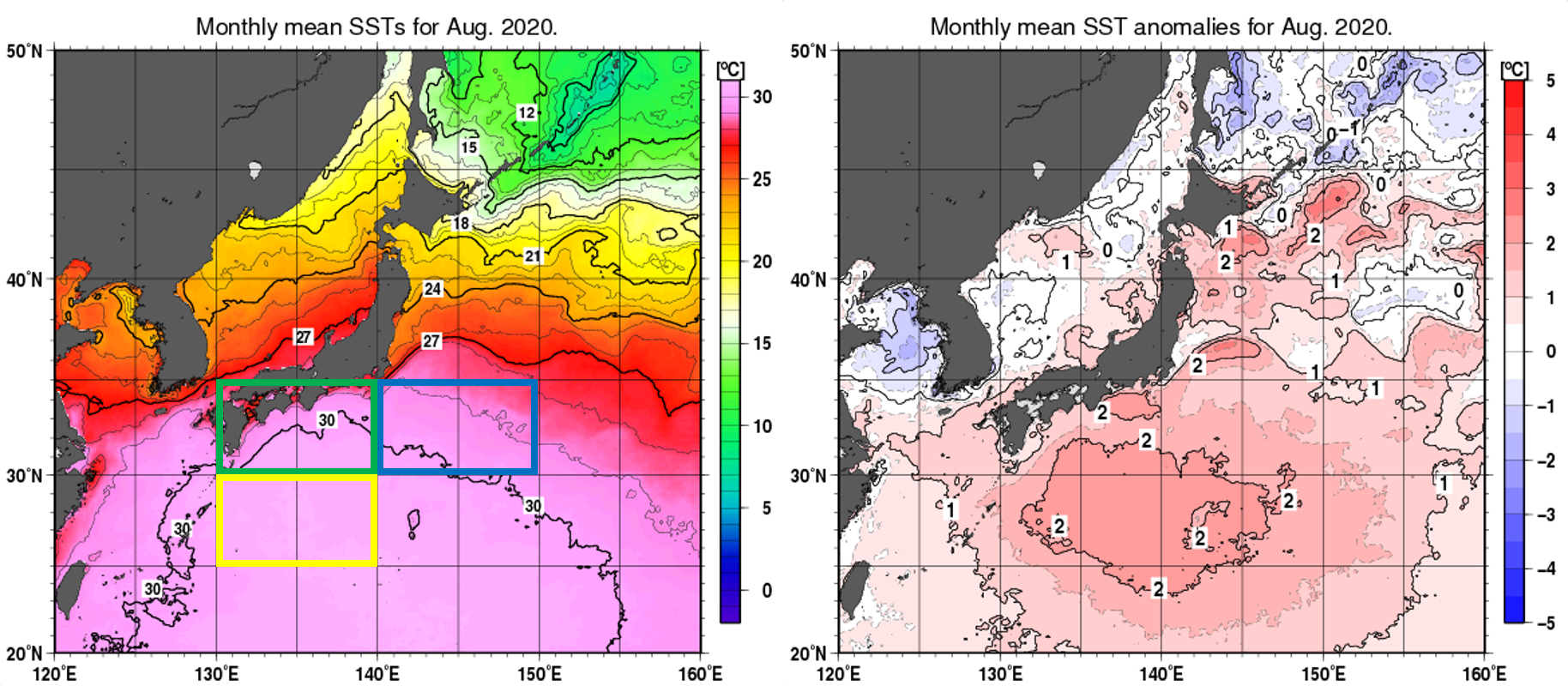図1 日本近海の月平均海面水温分布図(左)と同平年偏差図（2020年8月）
