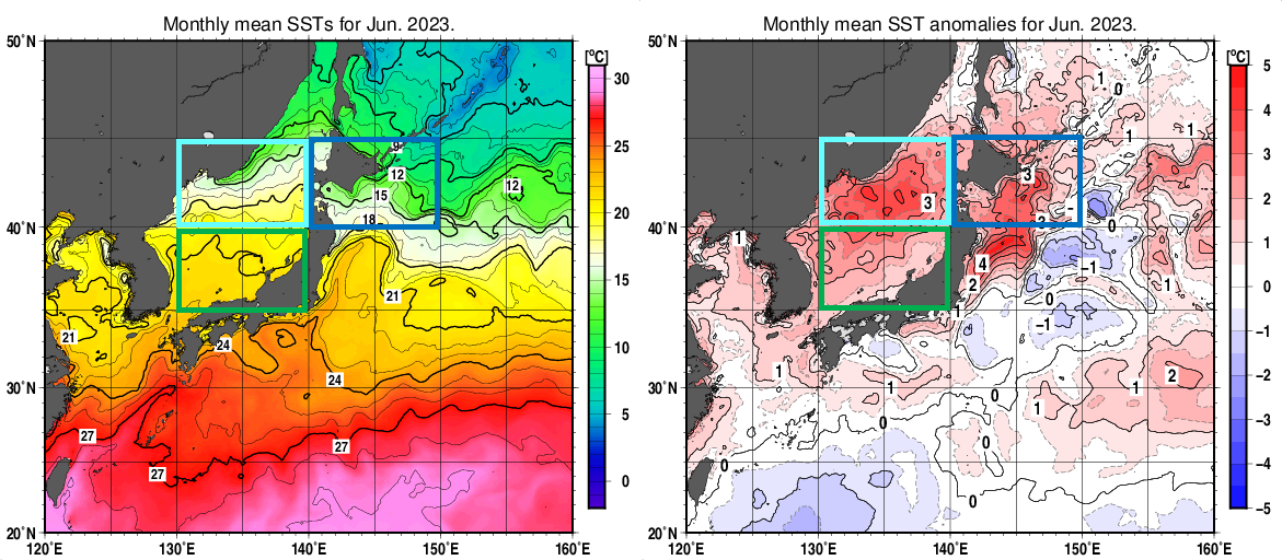 図1 6月の月平均海面水温分布図（左）、同平年差分布図（右）