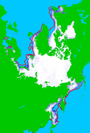 北極域の2005年最大時の海氷域分布（3月5日）