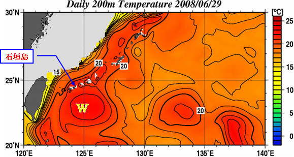 南西諸島における深さ200m付近の水温分布（6月29日現在）