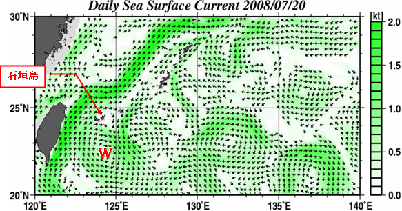 数値海洋モデルによる南西諸島の海流の予測（7月20日）