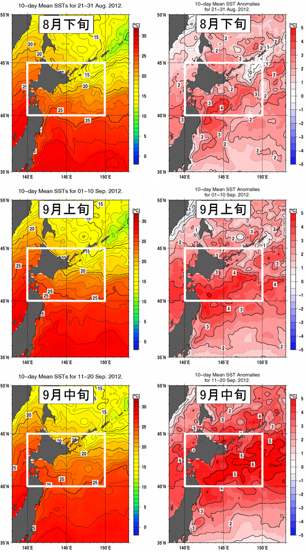 2012年8月下旬、9月上旬、9月中旬における旬平均海面水温と偏差