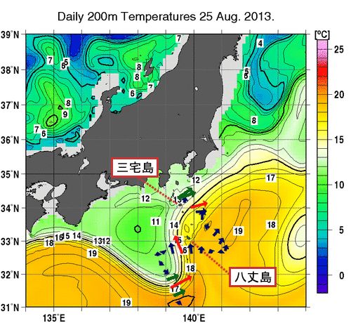 8月25日の深さ200mの水温分布図（単位：℃）と気象庁海洋気象観測船「啓風丸」による深さ約50mの海流の観測