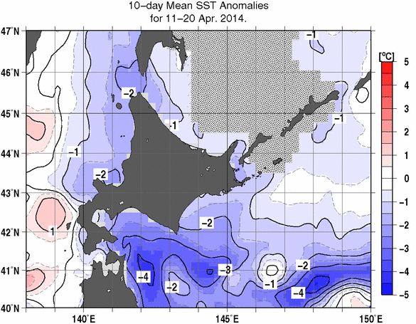 旬平均海面水温平年差分布図（2014年4月中旬）