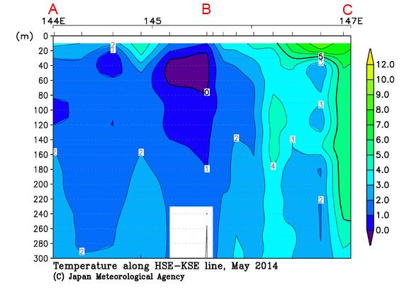 図2のA、B、Cに沿って観測した水温の分布