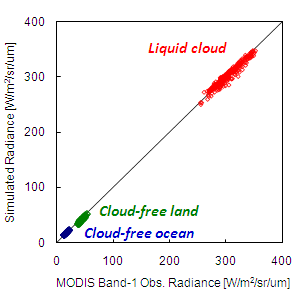 Comparison of MODIS Band.1 observations with simulations