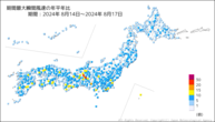 期間最大瞬間風速の年平年比の分布図