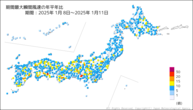 期間最大瞬間風速の年平年比の分布図