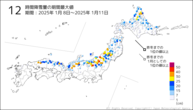 12時間降雪量の期間最大値の分布図