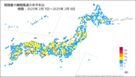 期間最大瞬間風速の年平年比の分布図