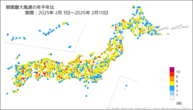 期間最大風速の年平年比の分布図