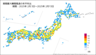 期間最大瞬間風速の年平年比の分布図