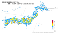 期間最大瞬間風速の年平年比の分布図