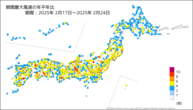 期間最大風速の年平年比の分布図