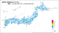 期間最大瞬間風速の年平年比の分布図