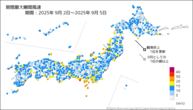 期間最大瞬間風速の分布図
