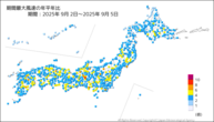 期間最大風速の年平年比の分布図