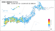 期間最大瞬間風速の年平年比の分布図