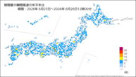 期間最大瞬間風速の年平年比の分布図