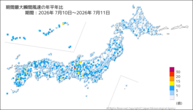期間最大瞬間風速の年平年比の分布図