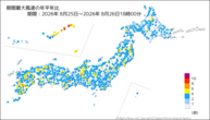 期間最大風速の年平年比の分布図