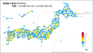 期間最大風速の年平年比の分布図