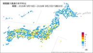期間最大風速の年平年比の分布図