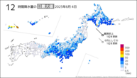 4日の12時間降水量の日最大値の分布図