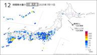 今日の12時間降水量の日最大値の分布図
