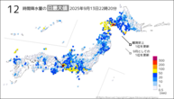 今日の12時間降水量の日最大値の分布図