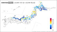 累積降雪量平年比の分布図