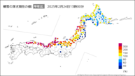 積雪の深さ（現在の値）平年比の分布図