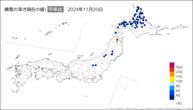 積雪の深さ（現在の値）平年比の分布図