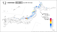 16日の12時間降雪量の日最大値の分布図