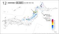 17日の12時間降雪量の日最大値の分布図