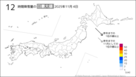4日の12時間降雪量の日最大値の分布図