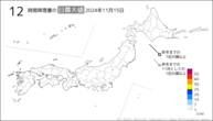 15日の12時間降雪量の日最大値の分布図