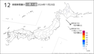 今日の12時間降雪量の日最大値の分布図