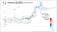 4日の12時間降雪量の日最大値の分布図