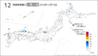 19日の12時間降雪量の日最大値の分布図